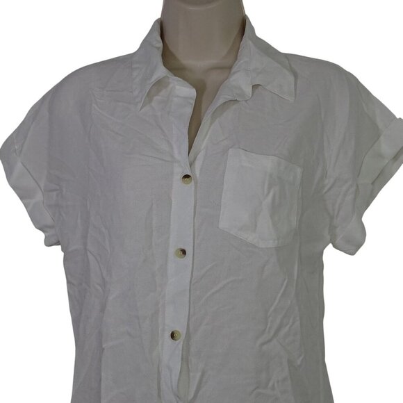Sim and Sam White Button Up Shirt Women Size S Short Sleeve Collared Pocket - Picture 2 of 8